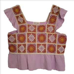 Granny Square Crocheted & Cotton Gauze Ruffled Crop Tank Top Size Large